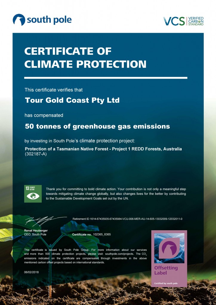 Certificate of Climate Protection Tour Gold Coast
