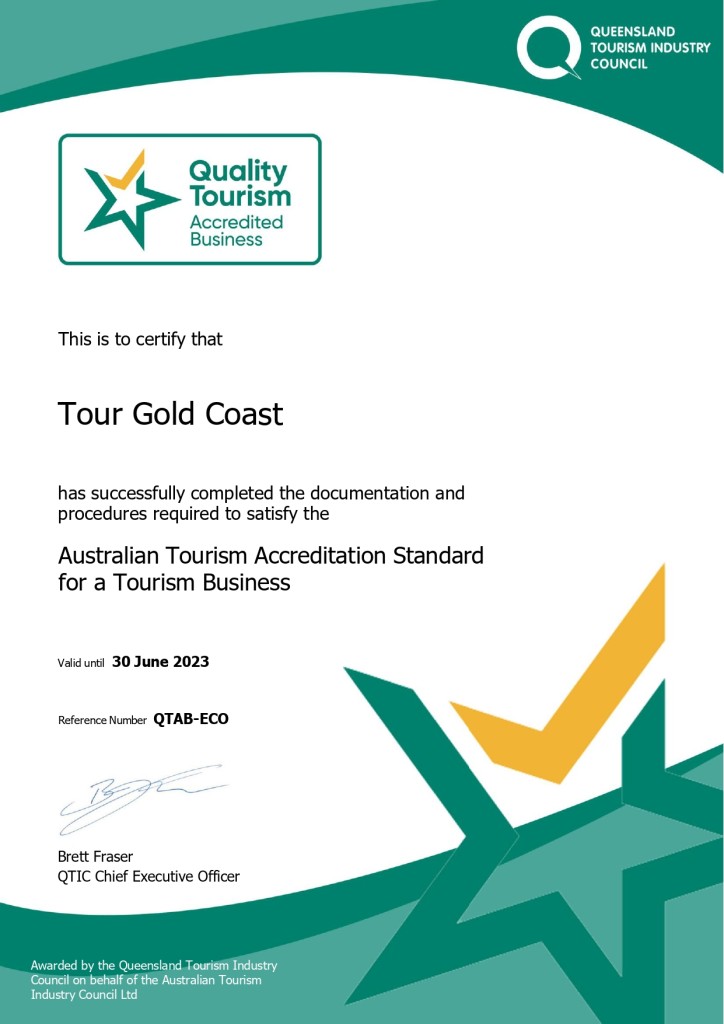 QTF accreditation certificate Tour Gold Coast
